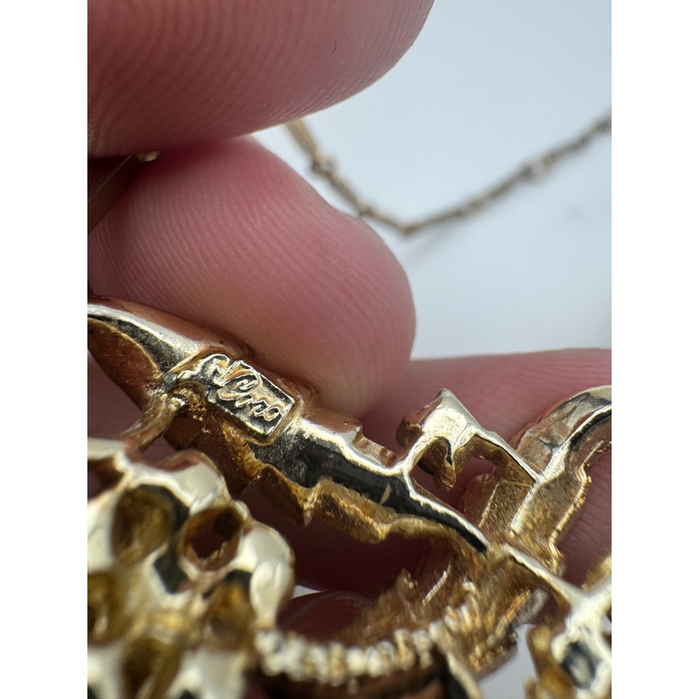 Vintage Coro Necklace Gold Tone Orange Rhinestone Flower Leaf Bib - Picture 10 of 11
